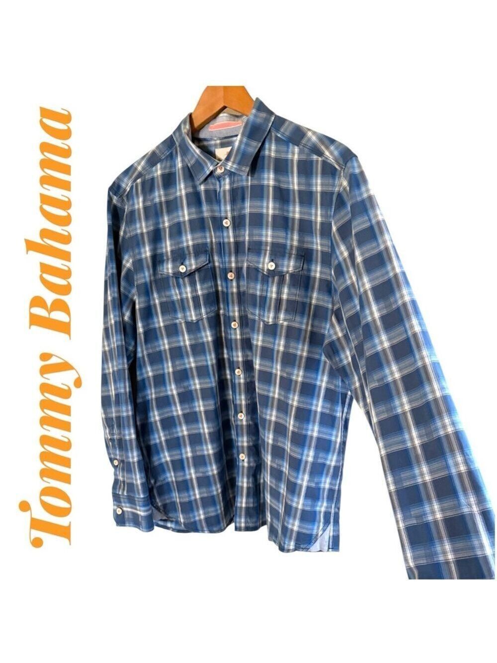 Tommy Bahama Blue Plaid Button-Down Shirt. 100% cotton. Chambray flip cuff. EUC